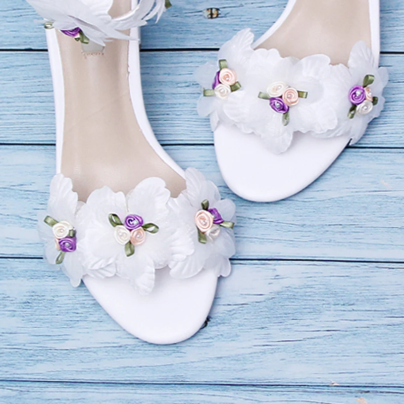 Open Toe Chiffon Flower Sandals One-button Ankle Strap Hollow White Pu Leather Square Chunky Heel Women Summer Daily Wear Shoes