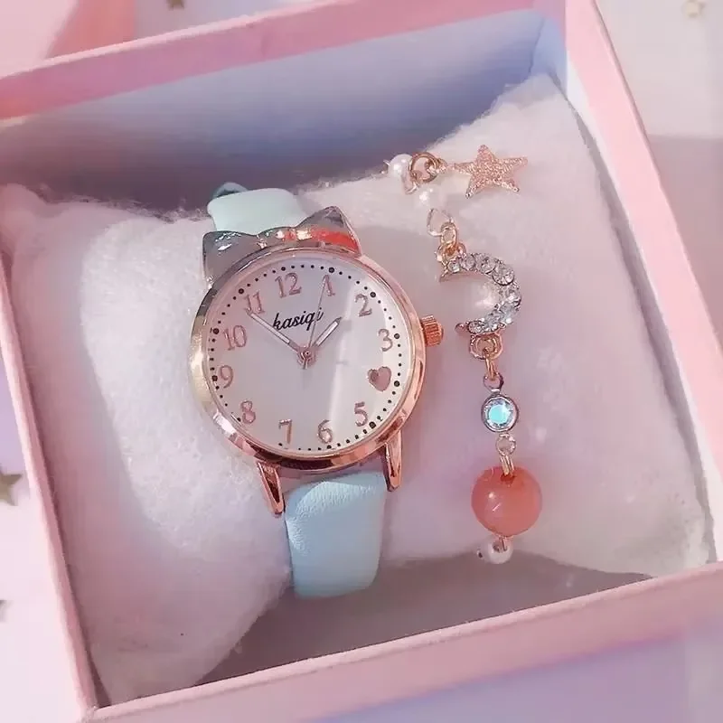 Relojes para niños 20224, reloj con correa de cuero de moda para estudiantes, bonito reloj con esfera de gato para niñas, conjunto de relojes de dibujos animados para niños, reloj de cuarzo, regalo para niños