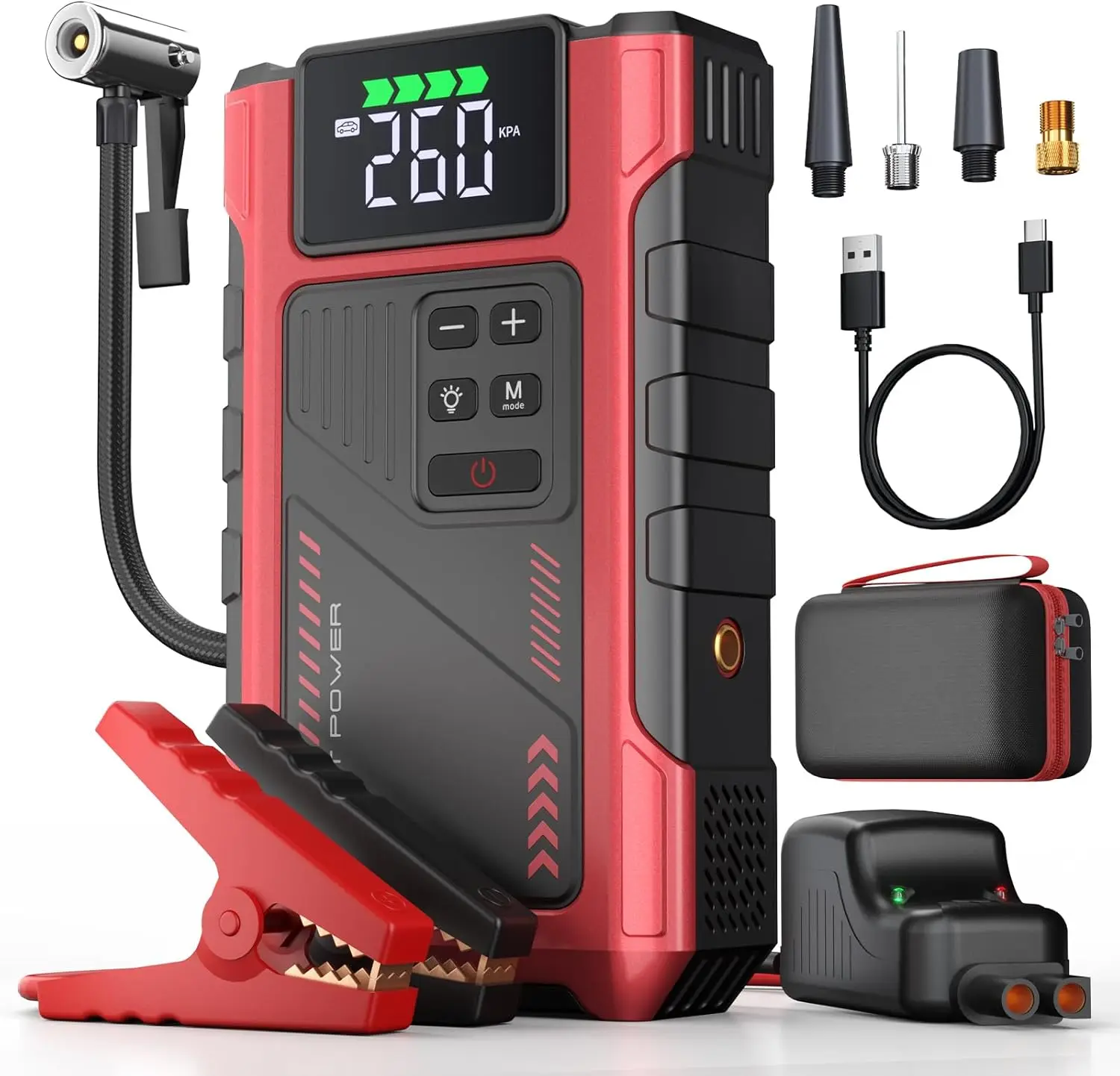 

4500A Portable Jump Starter with Air Compressor, 12V Battery Charger for Gas/Diesel Engines, Includes Tire Inflator and Light