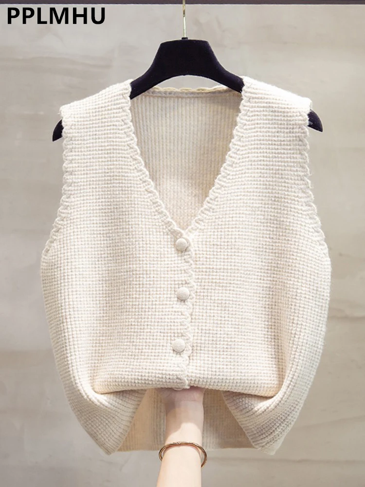 

V-neck Short Sweater Vests Tops Women Casual Knit Chaleco Coats New Single Breasted Knitwear Sleeveless Jackets Basic Gilets