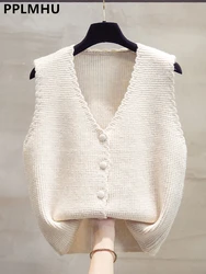 V-neck Short Sweater Vests Tops Women Casual Knit Chaleco Coats New Single Breasted Knitwear Sleeveless Jackets Basic Gilets