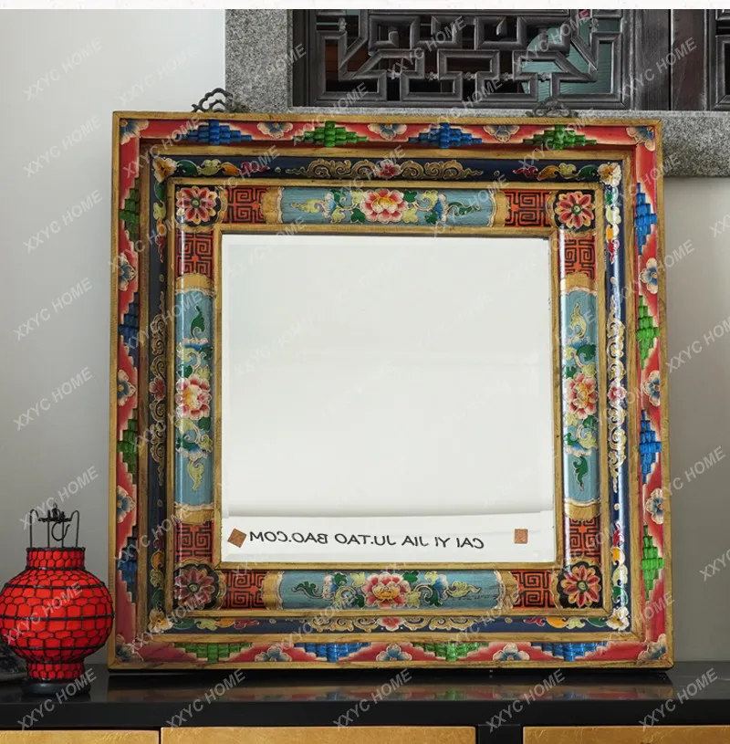 Hand painted solid wood frame square mirror retro decorative mirror wall mounted dresser makeup mirror