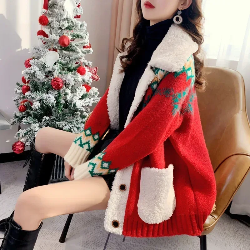 2024 New Red Christmas Sweater Cardigan Women Thickened Autumn and Winter New Lamb Wool Stitching Knitted Coat Joker Sweater