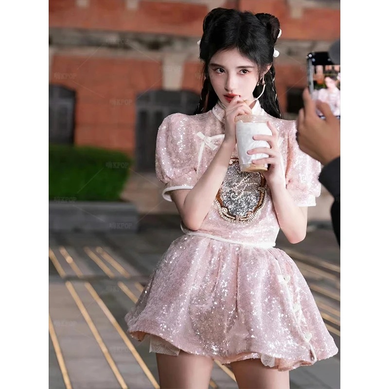 

2023 Luxury Seuqin Pink Suit Women Birthday Party Outfits Y2K Stage Clothing Women Dance Performance Costume Kpop Clothes JL5845