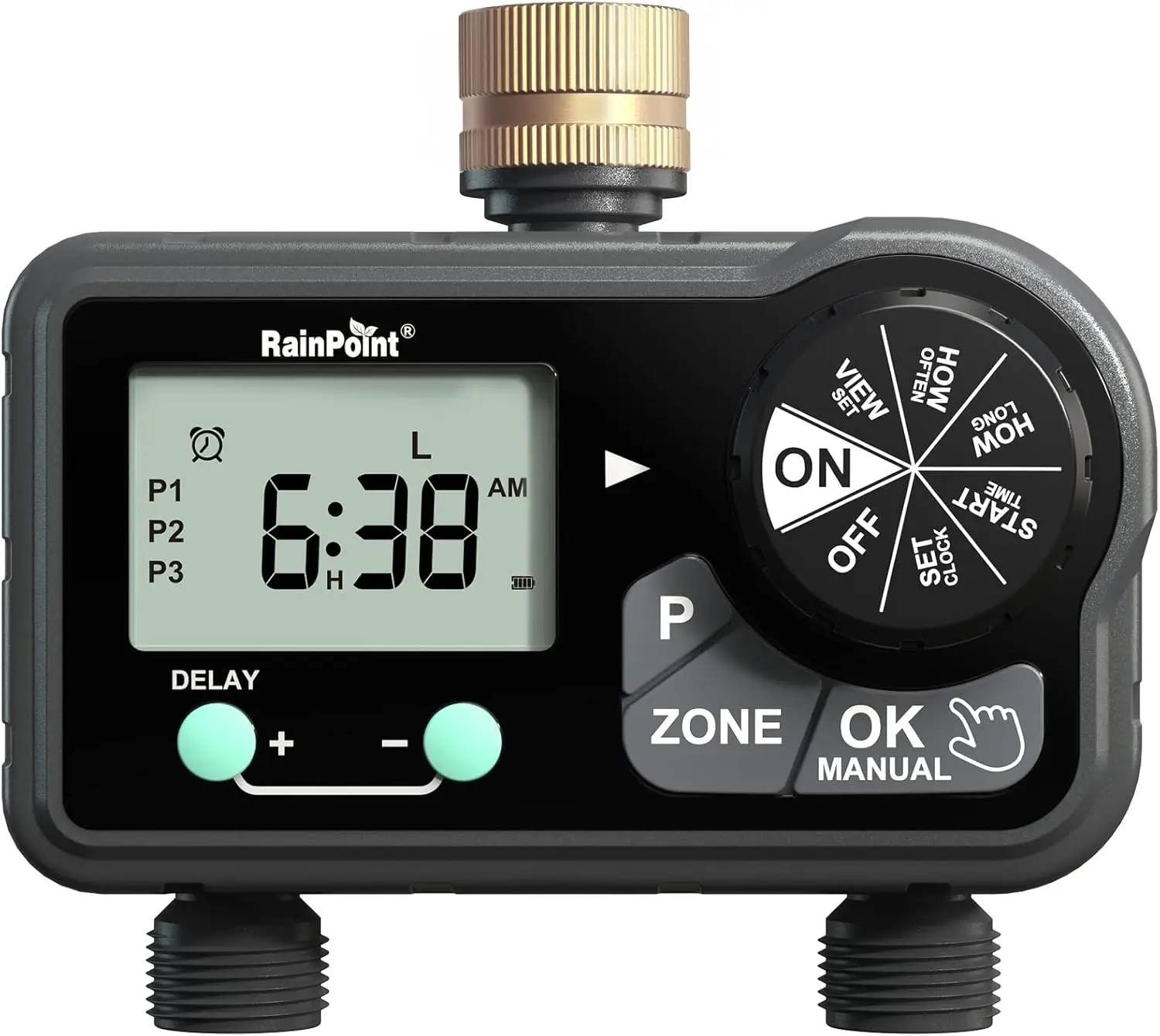 

Brass Sprinkler Timer 2 Stations, Digital Water Timer for Garden Hose, 6 Programmable Settings, Delay/Manual/Auto Modes, Daily/W