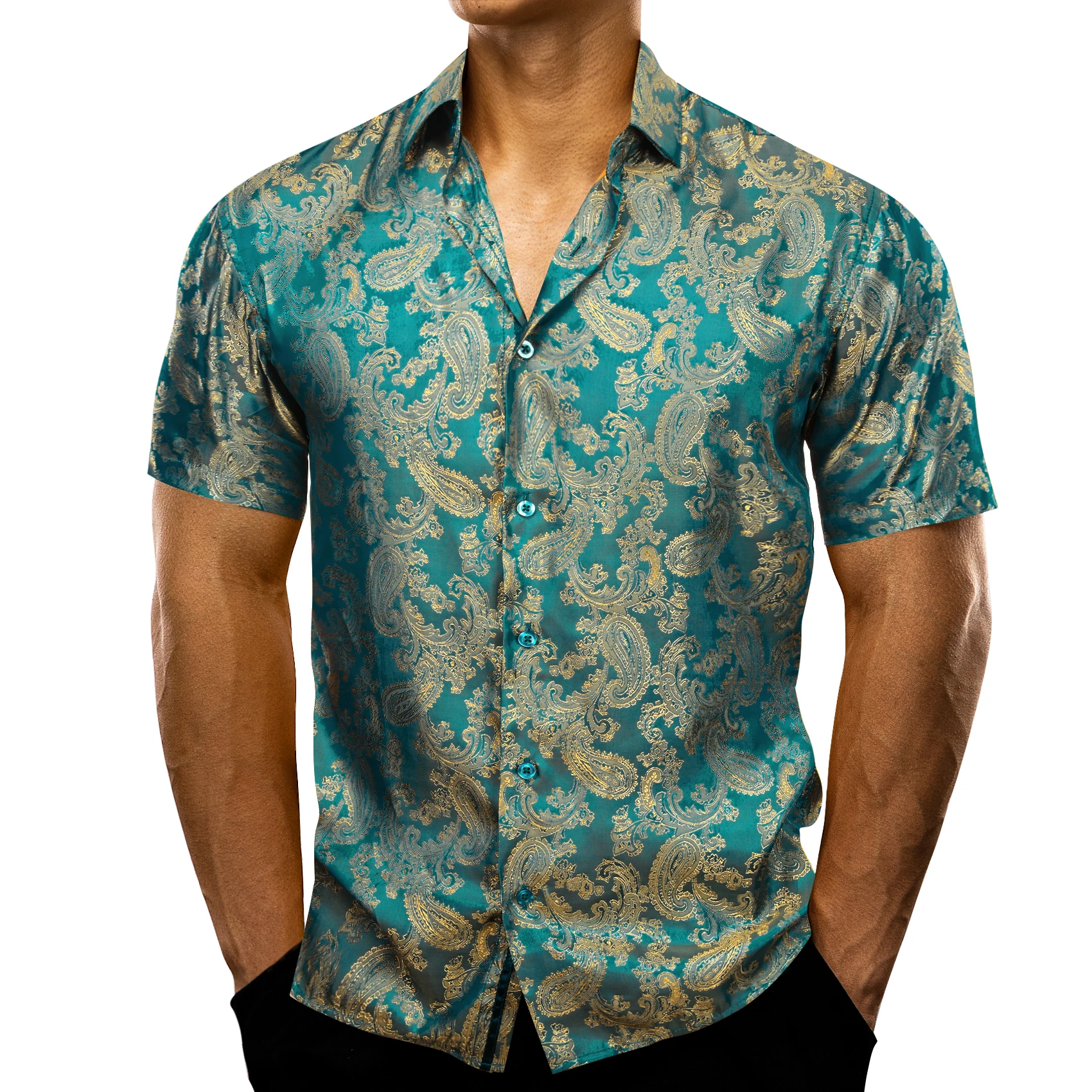 

Стильные рубашки для мужчин с коротким рукавом Paisely, облегающая мужская рубашка фиолетового, синего, серого цвета, повседневные формальные топы с лацканами, подарок Barry Wang