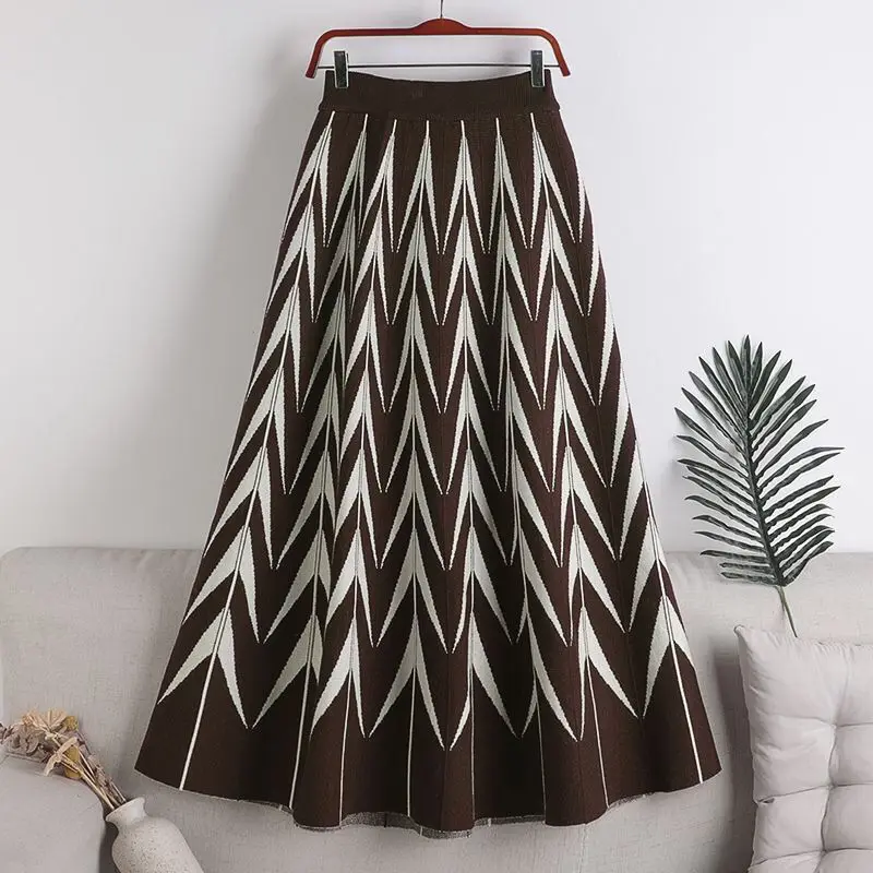

Autumn Winter Spring New A-line Long Jacquard Loose Versatile Elastic High Waisted Retro Length Large Swing Knitted Long Skirt