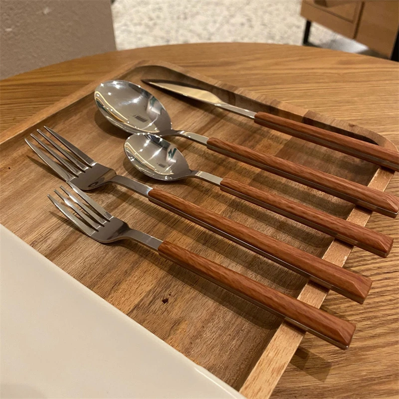 Luxury Tableware Set Korean Stainless Steel Dinnerware Set High Quality Chopsticks Knife Fork Spoon Set Wood Handle Cutlery Set