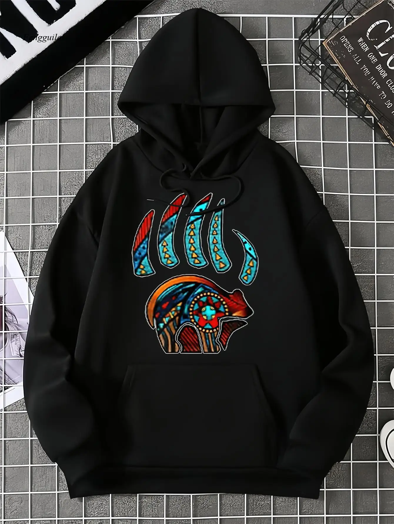 

Толстовка с капюшоном с принтом медвежьих когтей | Юго-западный бирюзовый и красный этнический дизайн, мягкий пуловер с карманом-кенгуру