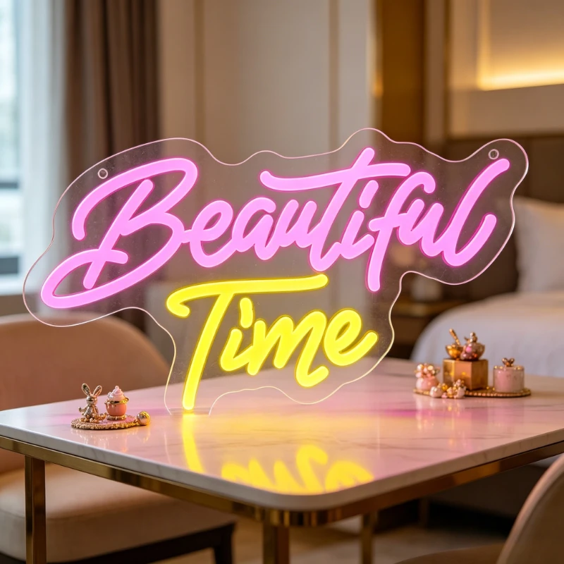 

Neon Sign Beautiful Time LED Night Light USB Rechargeable Pink Yellow Aesthetic Decor for Bedroom Wedding Party Romantic Gift