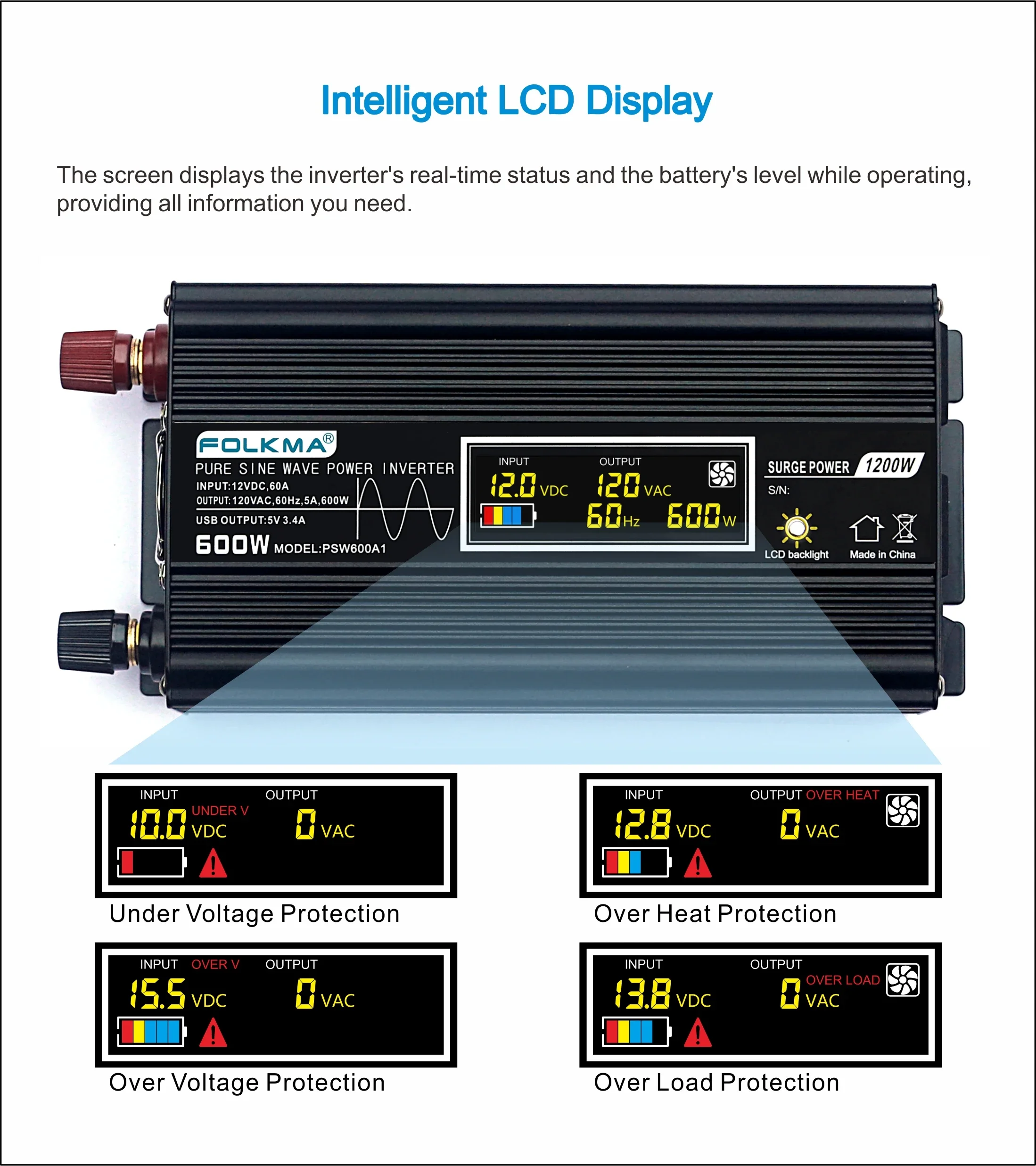 Power Inverter Pure Sine Wave  600W DC 12V to 110V AC for Car  with LCD Display