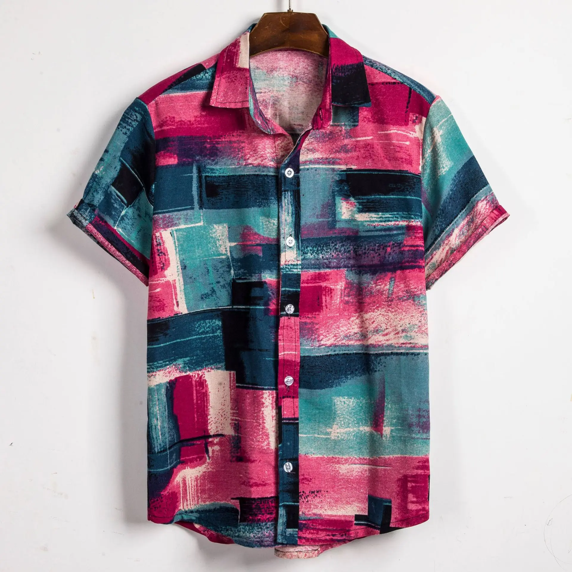 

Summer plus Size Faion Men's ort Sve irt Slim Fit Youth Daily Wear Polyester Fabric Plaid Pattern Iron Free Thin Model