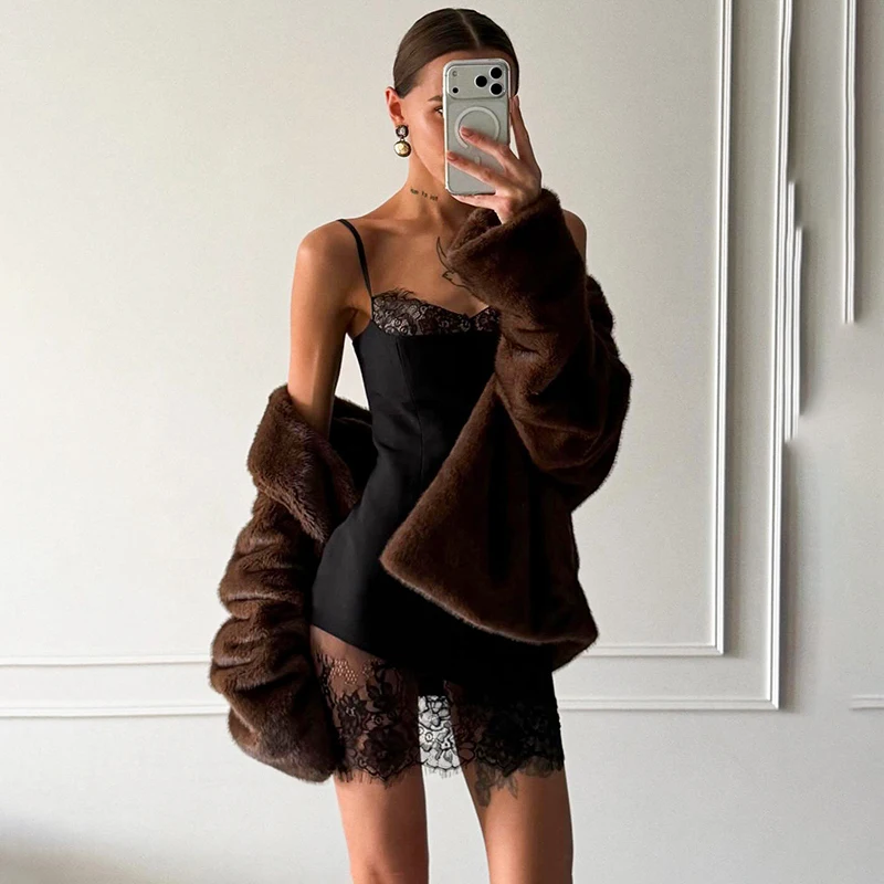 

Typhaland Fashion Lace Slim Mini Dress For Women Backless Sexy Spaghetti Strap Dress Streetwear Ins Hot 2026 Summer Lady Dress