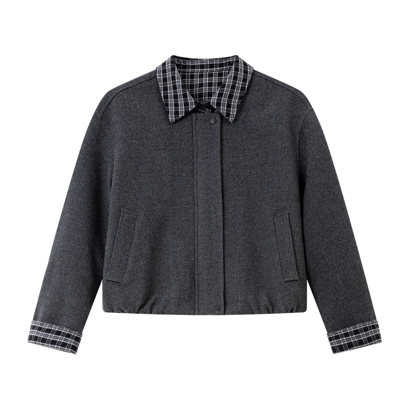 VIMLY Cappotti da donna 2025 Inverno Retro Falso in due pezzi Colletto corto con risvolto Plaid Splice Giacca Allentata Dritto Abiti femminili A3310