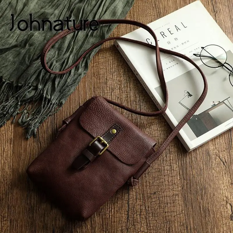 Johnature 2024 New Simple Genuine Leather Women Bag Retro Solid Color Natural Cowhide Mini Phone Bag Leisure Small Shoulder Bags