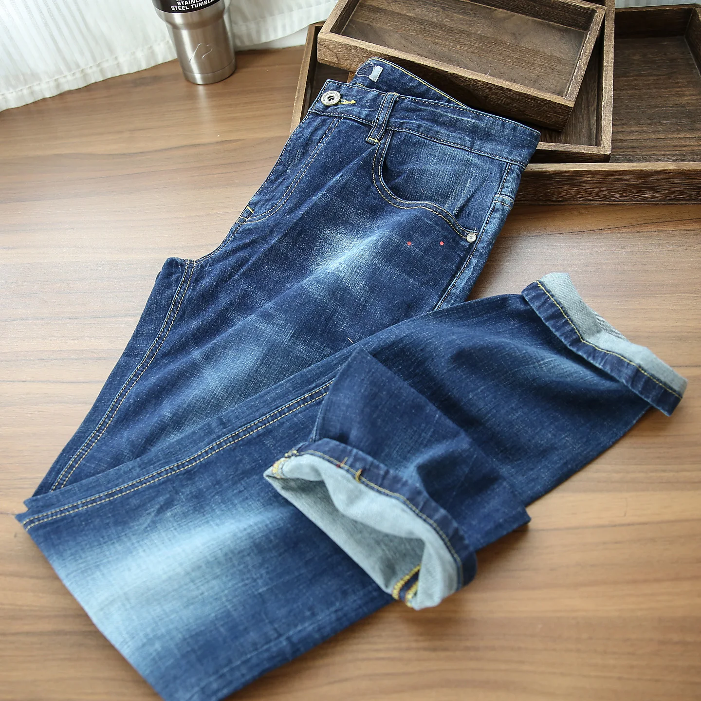 

Fall New Sle Men's Casual Straight Leg Jeans Long Pants Faionable Waed out Dye Design Versatile Comfortable Classic Fit