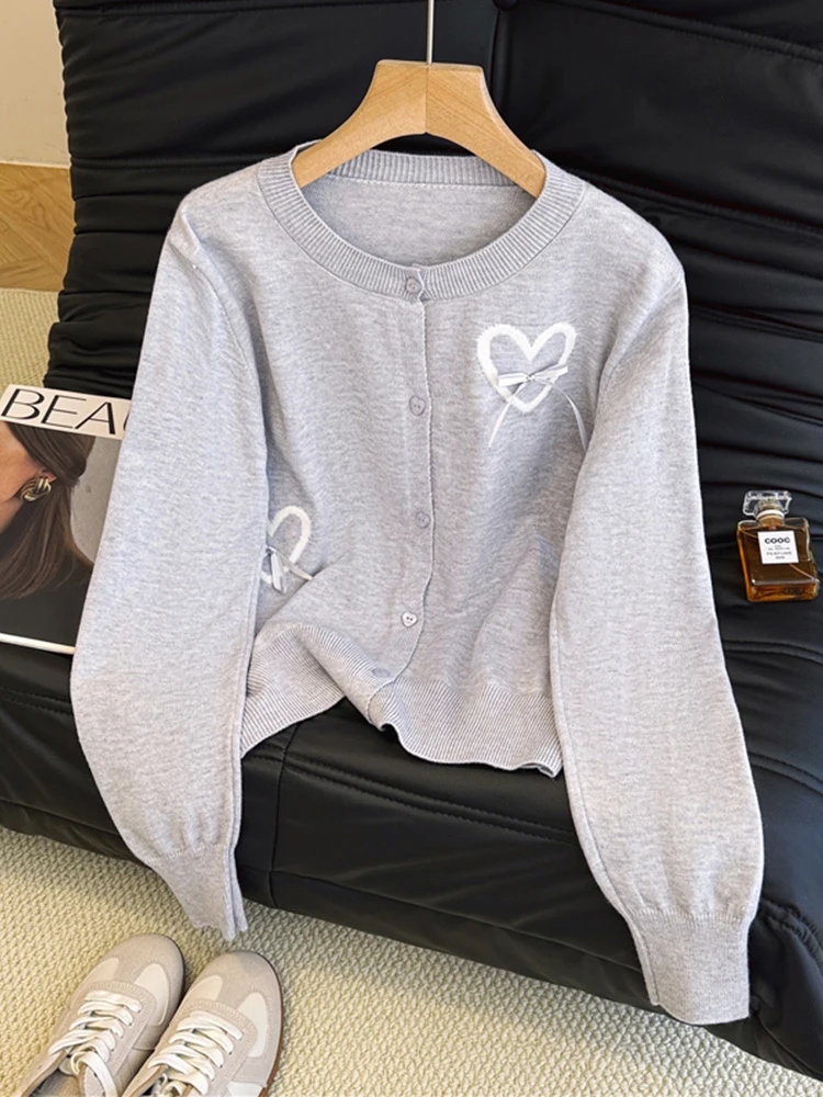 

Grey Soft Knit Cardigan For Women Autumn Slimfit Long Sleeved Tops Korean All Match Round Neck Commuting Sweater