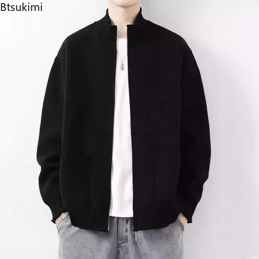 Men Stand Collar Full Zip Textured Knit Cardigan Long Sleeve Loose Fit Sweater Coat Korean Style Autumn Winter Casual Outerwear