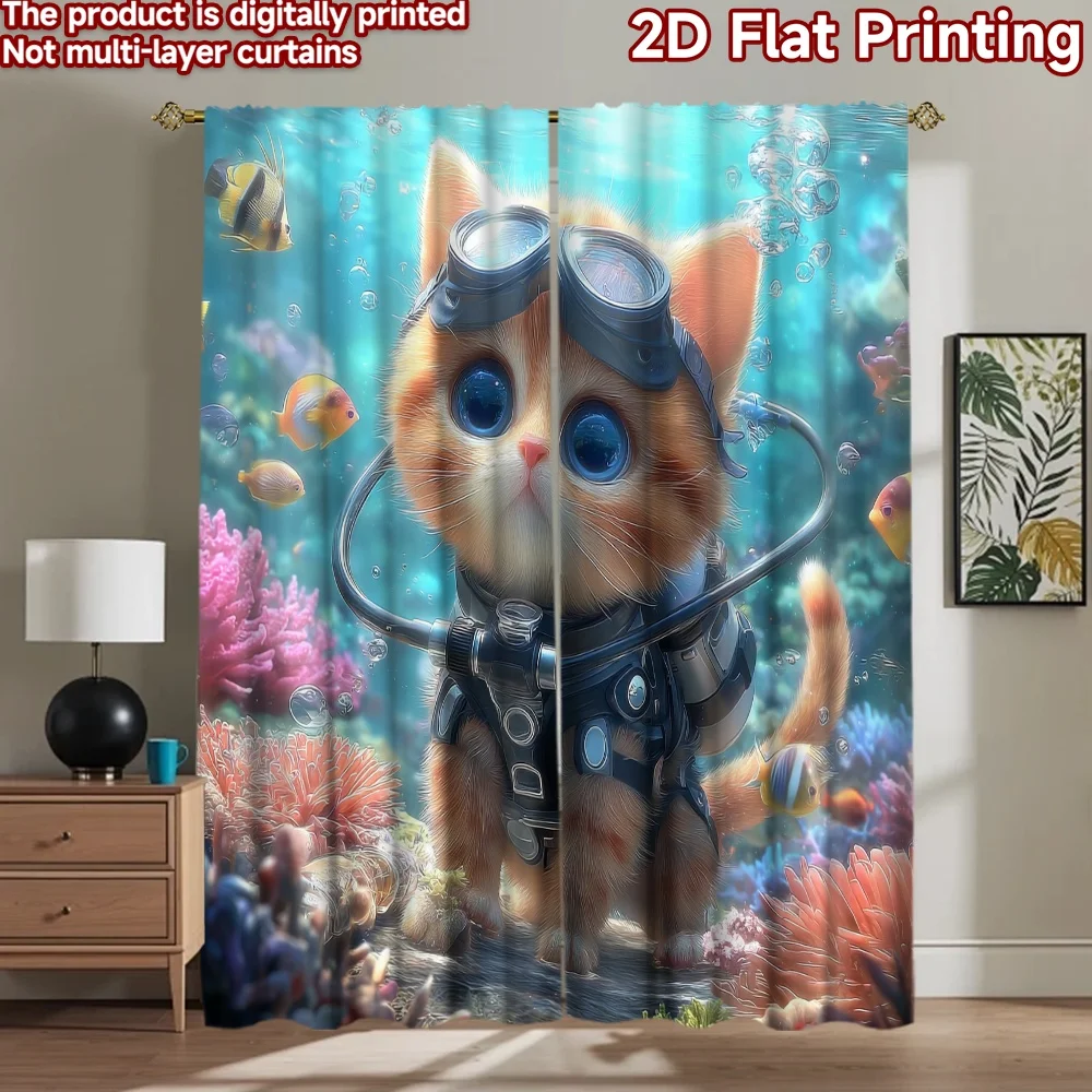 2D flat printing 2pcs Drapes Cute Cat Scuba Diving Ocean Digital Printed Polyester Drapes Family Party for Photo Booths &
