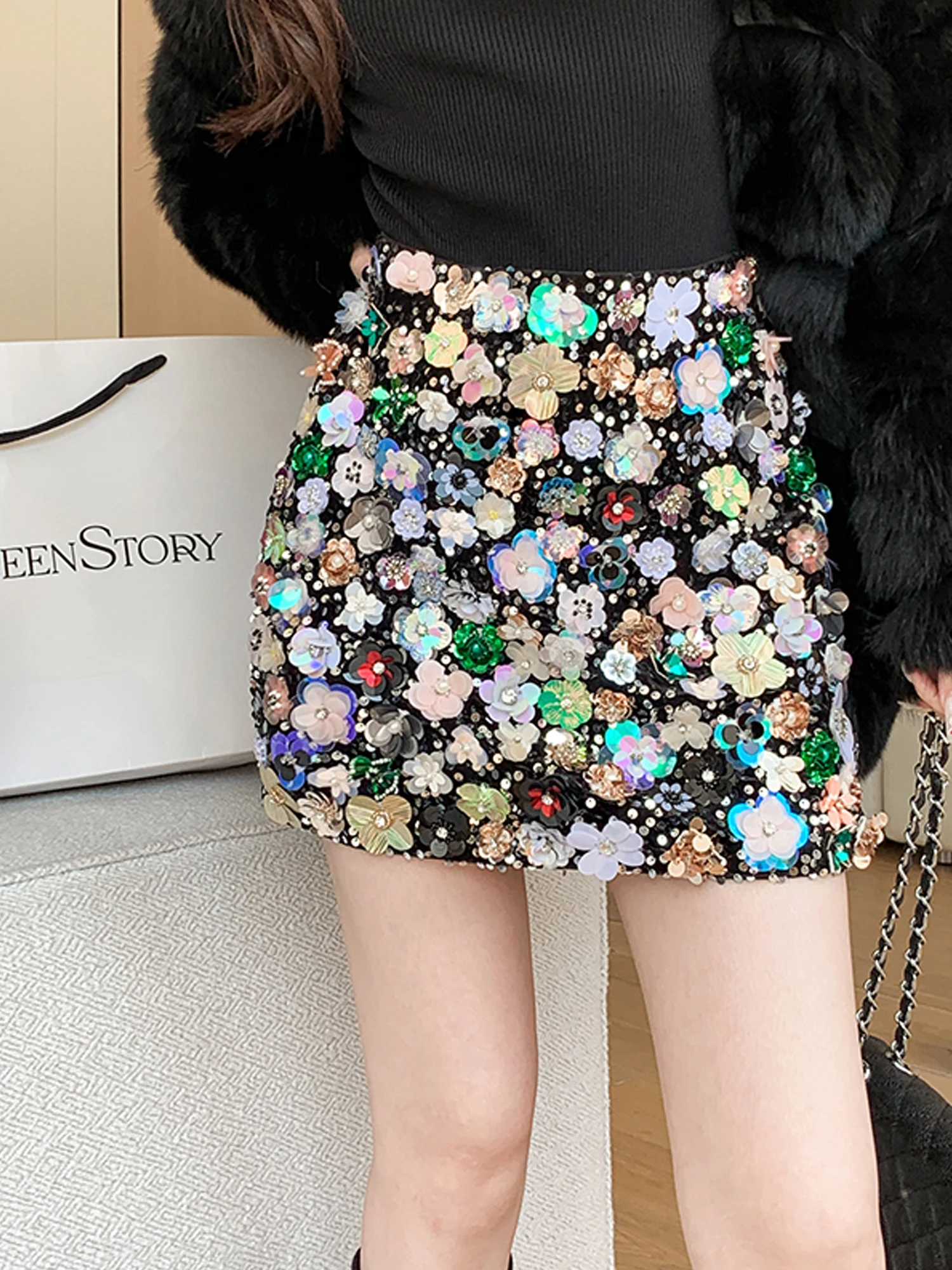 

Моющаяся юбка трапециевидной формы с 3D вышивкой от Yuxiao Xiang из бархатного полиэстера, повседневная одежда для женщин с высокой талией