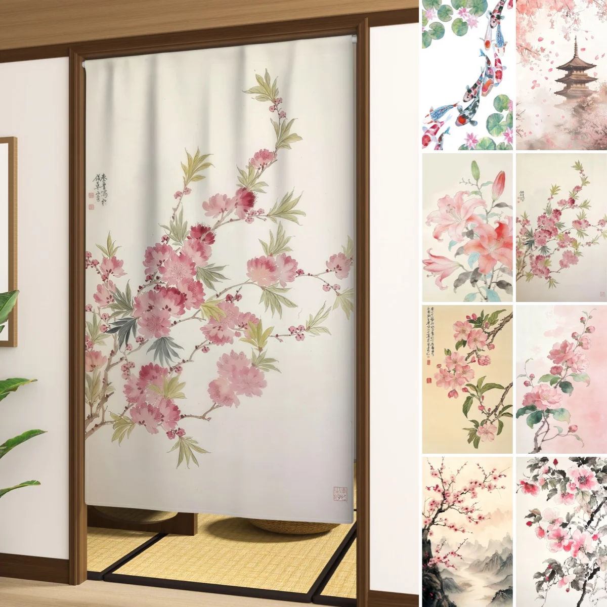 Pink Flower Japanese Curtain, Flower Branch Noren Curtains, Linen Doorway Curtains Kitchen Bedroom, Single Piece Door Curtain