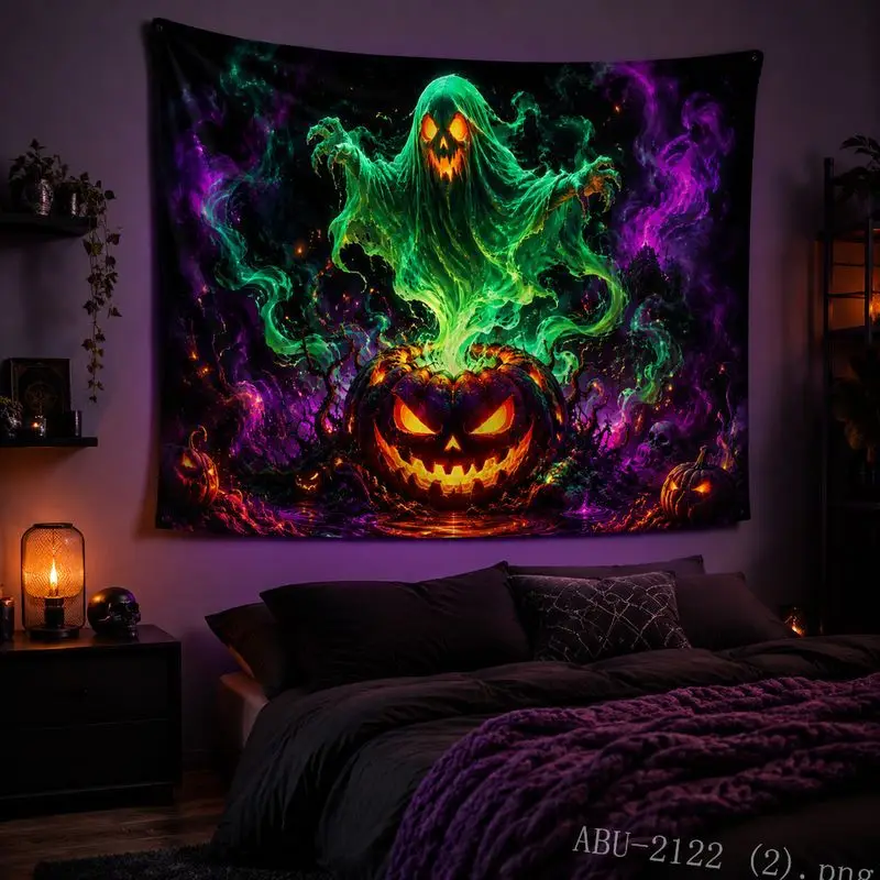 Fluorescent Ghost Pumpkin Tapestry, Psychedelic Fantasy Halloween Wall Hanging, Aesthetic Esports Room Dorm Home Wall Decor