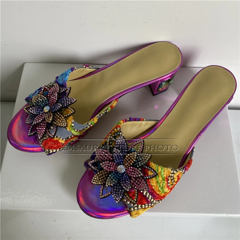 Colorful Embroidery Flower Air Mesh Sandals Women Luxury Diamond Crystal Heel Bling Decor Slingbacks Mules Summer