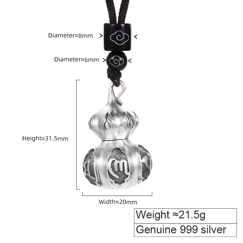 ZABRA 999 Pure Silver Gourd Pendant Men's Retro Six Character Mantra Necklace Pendant New Style