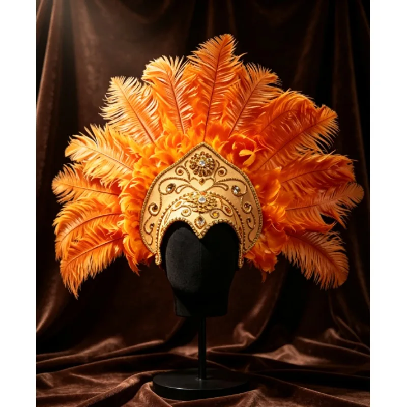 Samba Carnival Feather Headdress Ostrich Feather Crown Gemstone Showgirl Headpiece for Women Stage Party Costume Halloween Party