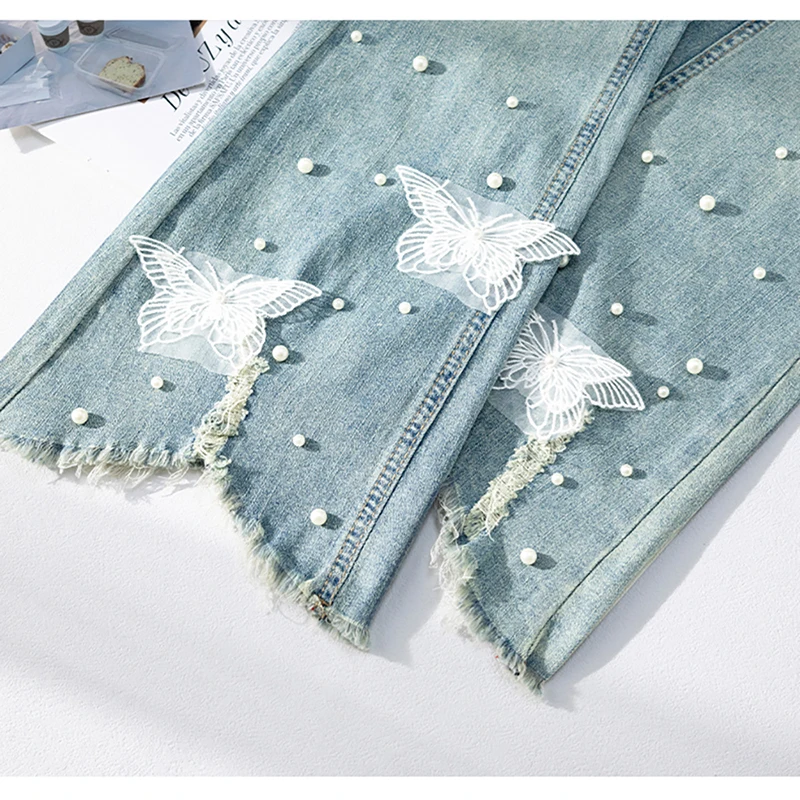 Chic Peal Beading Flared Jeans Women Trendy High Waist Slim Ankle-Length Denim Pants Irregular Tassels Butterfly Lace Blue Jeans