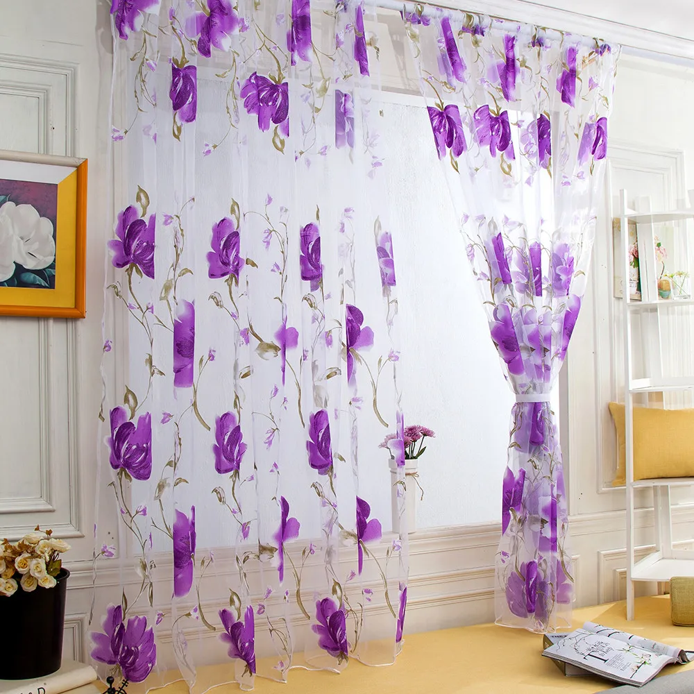 1/2 Stück Ranken Blätter Tüll Tür Fenster Vorhang Drapieren Panel Sheer Schal Volants Buntes Blumenmuster Transparente Vorhänge