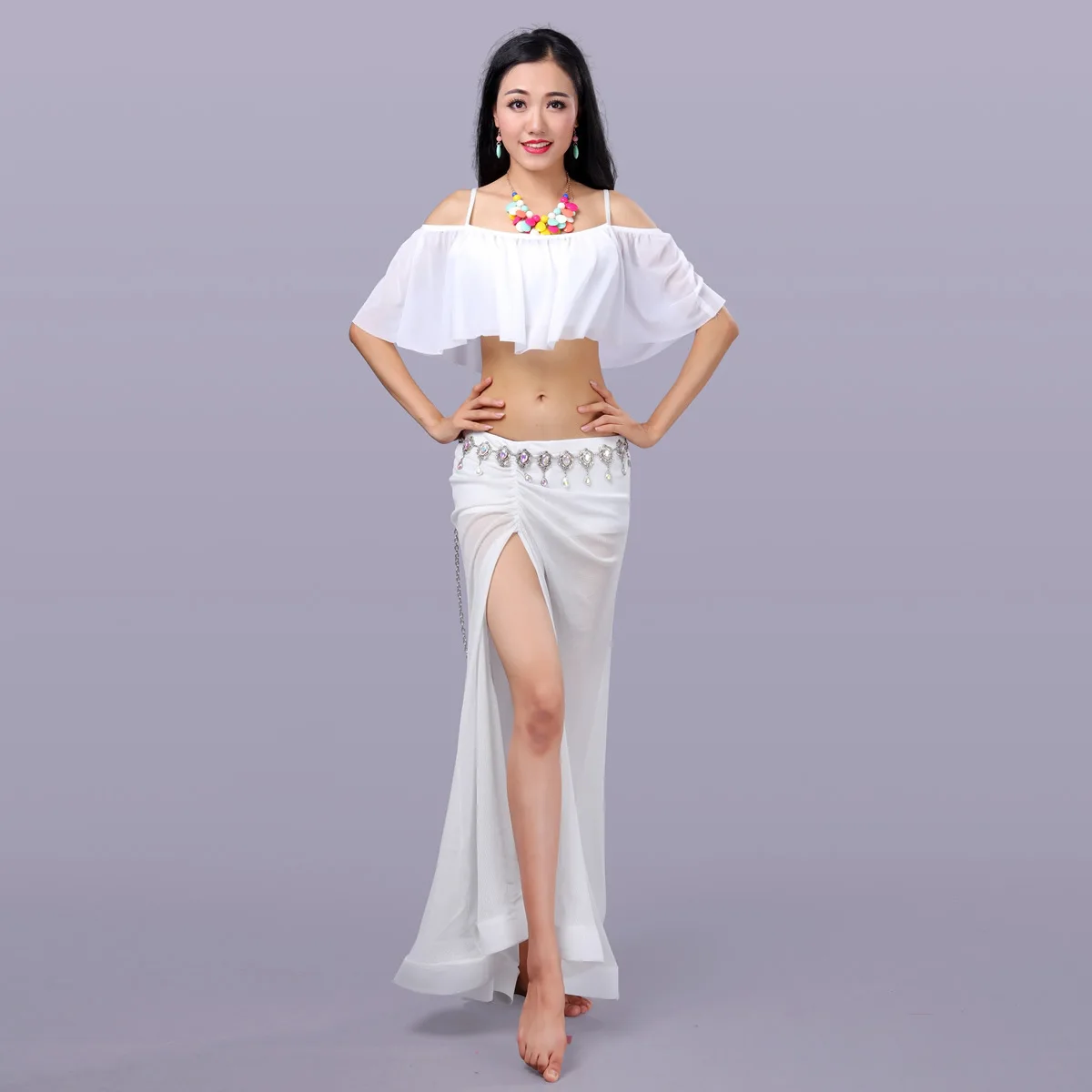 

Одежда для танца живота Комплект для выступлений Топ и юбка 2 шт. Белый восточный танцевальный костюм Урок танца живота Одежда