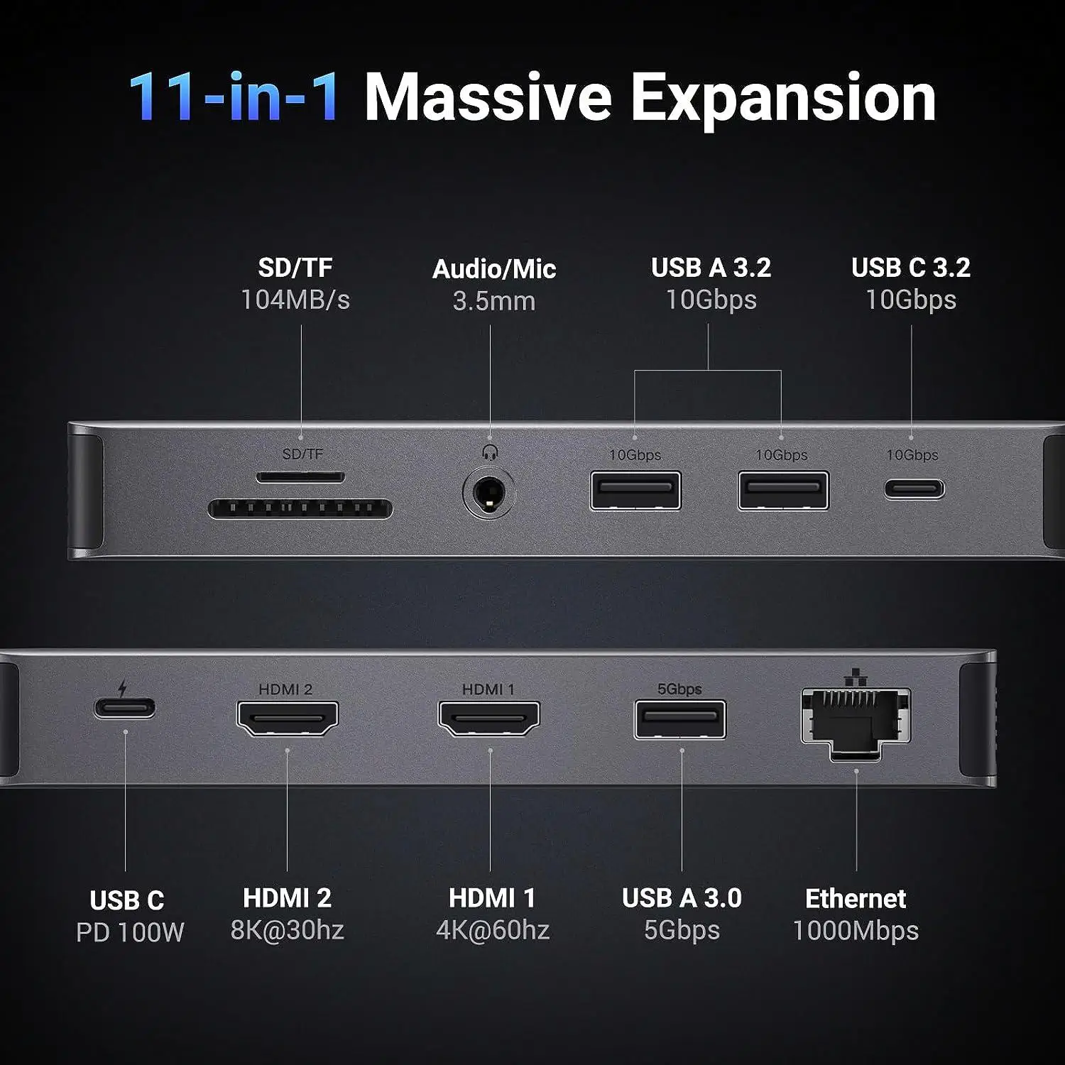 UGREEN Revodok Pro 211 Laptop Docking Station 11 in 1 USB C Dock Dual  10Gbps Data Port 100W PD Gigabit Ethernet