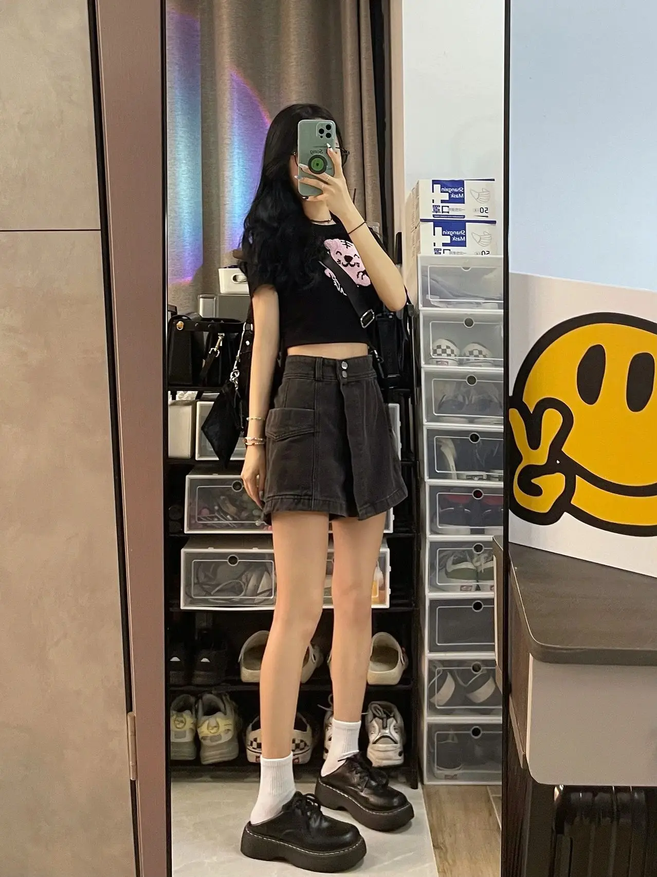 Amerykańska seksowna spódnica jeansowa damska z wysokim stanem, luźna, maskująca biodra, wyszczuplająca, z szerokimi nogawkami, modny design.