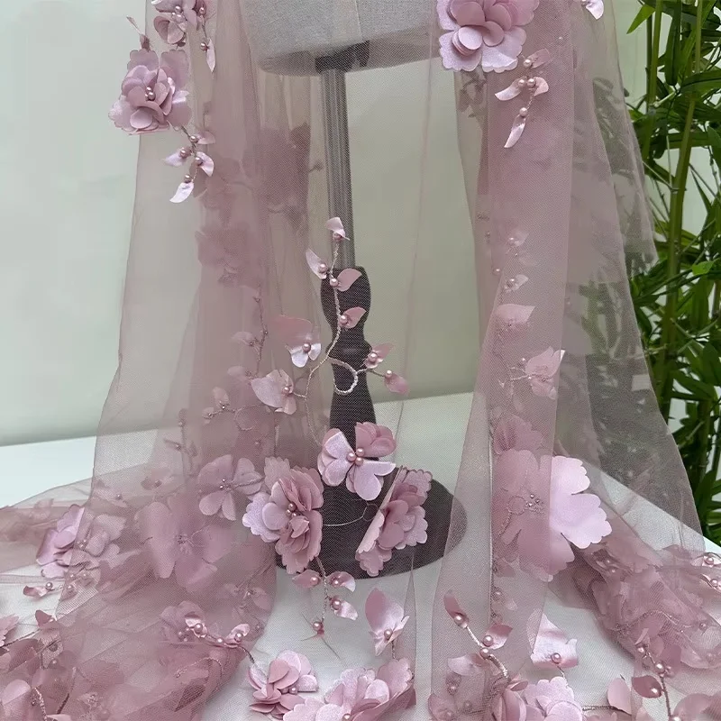 Luxury 3D Multi-layer Beaded Lace Fabric Hand Embroidery Floral Tulle for Wedding Bridal Gown Evening Dress Sewing Material