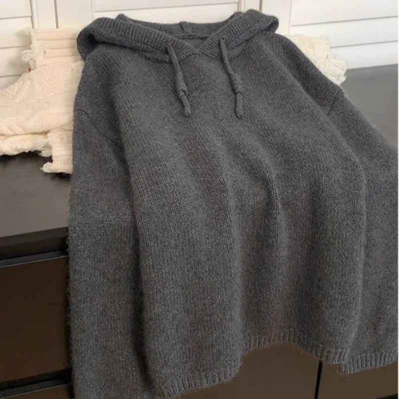 High-Grade Gray 100% Pure Wool Hoodie for Women Loose Casual Versatile Knit Hooded Sweater Thickened for Autumn and Winter