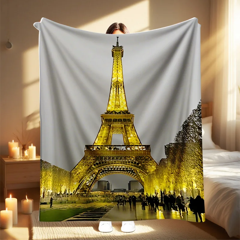 1pc Paris Eiffel Tower Print Blanket - All-Season Soft Travel & Home Throw with Golden Night Design French-Themed Gift for Wome