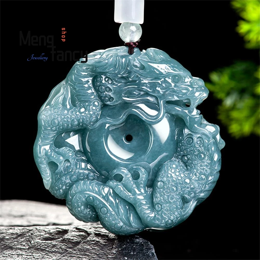 Natural A-goods Jadeite Blue Water Dragon King To Keep Peace Dragon Sign Zodiac Dragon Ice Jade Pendant Luxury Fashion Jewelry