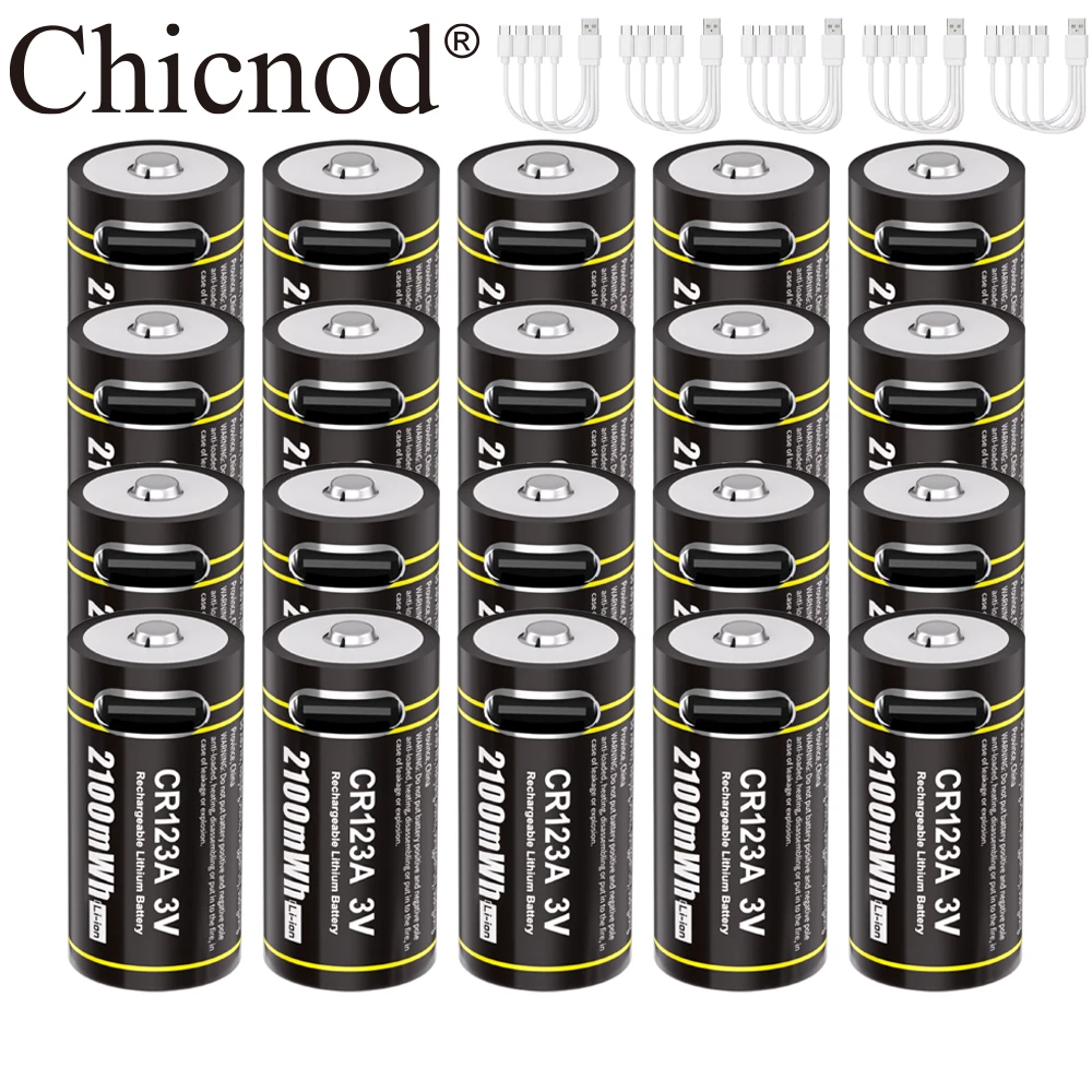 CHICNOD CR123A Battery 2100mWh 3V USB Rechargeable Li-on Batteries Charged Type-C Charging Cable for Digital Camera Calculator