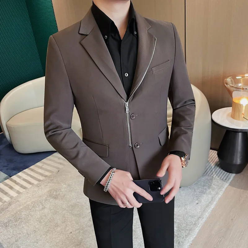 High-quality Zipper Men Blazers 2024 Spring Business Casual Suit Jacket Slim Office Social Dress Coat Wedding Groom Men Clothing