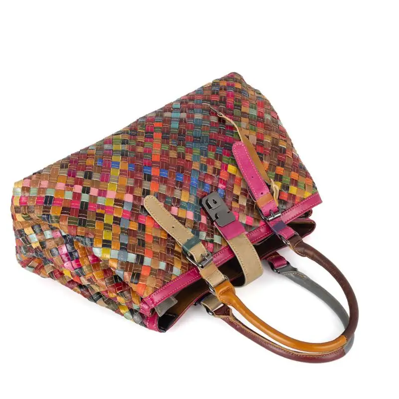 LOMANTINA Fashion Multicolored Genuine Leather Bags Weave Handbags Women\'s Shoulder Bag Colorful Handbag Female Knitting Tote