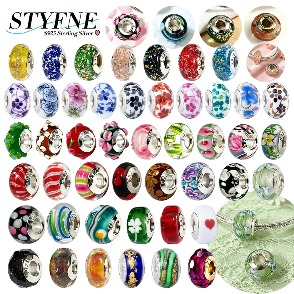 Original S925 Silver Core Floral Dot Striped Glitter Charms Murano Glass Beads Fit Bracelets Bag Keychain DIY Jewelry Making