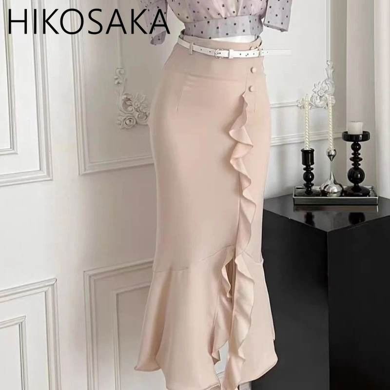 

2025 Summer New Chic Elegant Midi Length Jupe Femme Vintage High Waist Slim Fit Package Hip Fishtail Skirts Solid Fairy Faldas