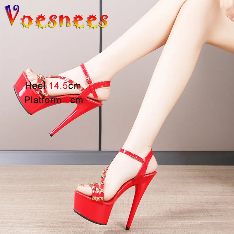 European And American Thin High Heels Rivet Women\'s Shoes Summer Fashion Thick Platform Sandals Sexy Narrow-band Banquet Pumps