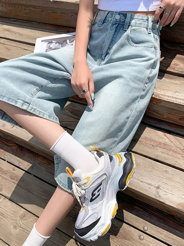 LIBIELIY Female Summer American Vintage Baggy Denim Cropped Pants Woman High Waist Washed Wide Leg Jeans Light Blue Loose A Lin