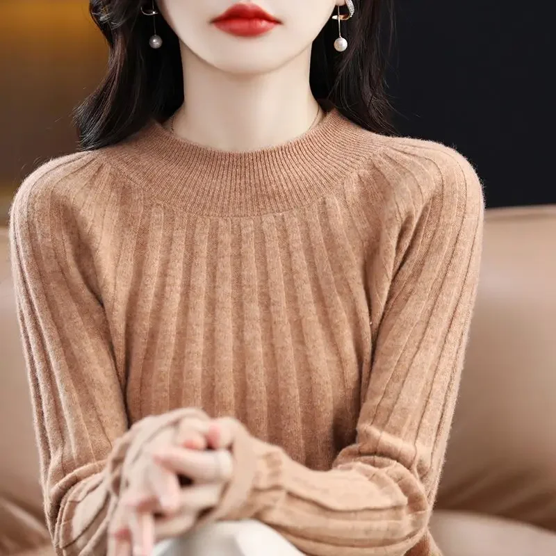 

Winter Korean Fashion Half High Collar Thick Slim Basic Knitted Sweater Women Casual Sleeve All Match Pullovers Jumper PH15