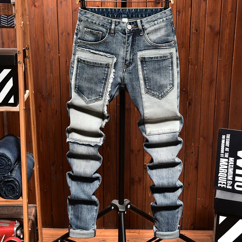 

Джинсы в стиле ретро в стиле пэчворк, мужские уличные модные брюки индивидуального дизайна, модный бренд, элитные джинсовые облегающие брюки с маленькими штанинами