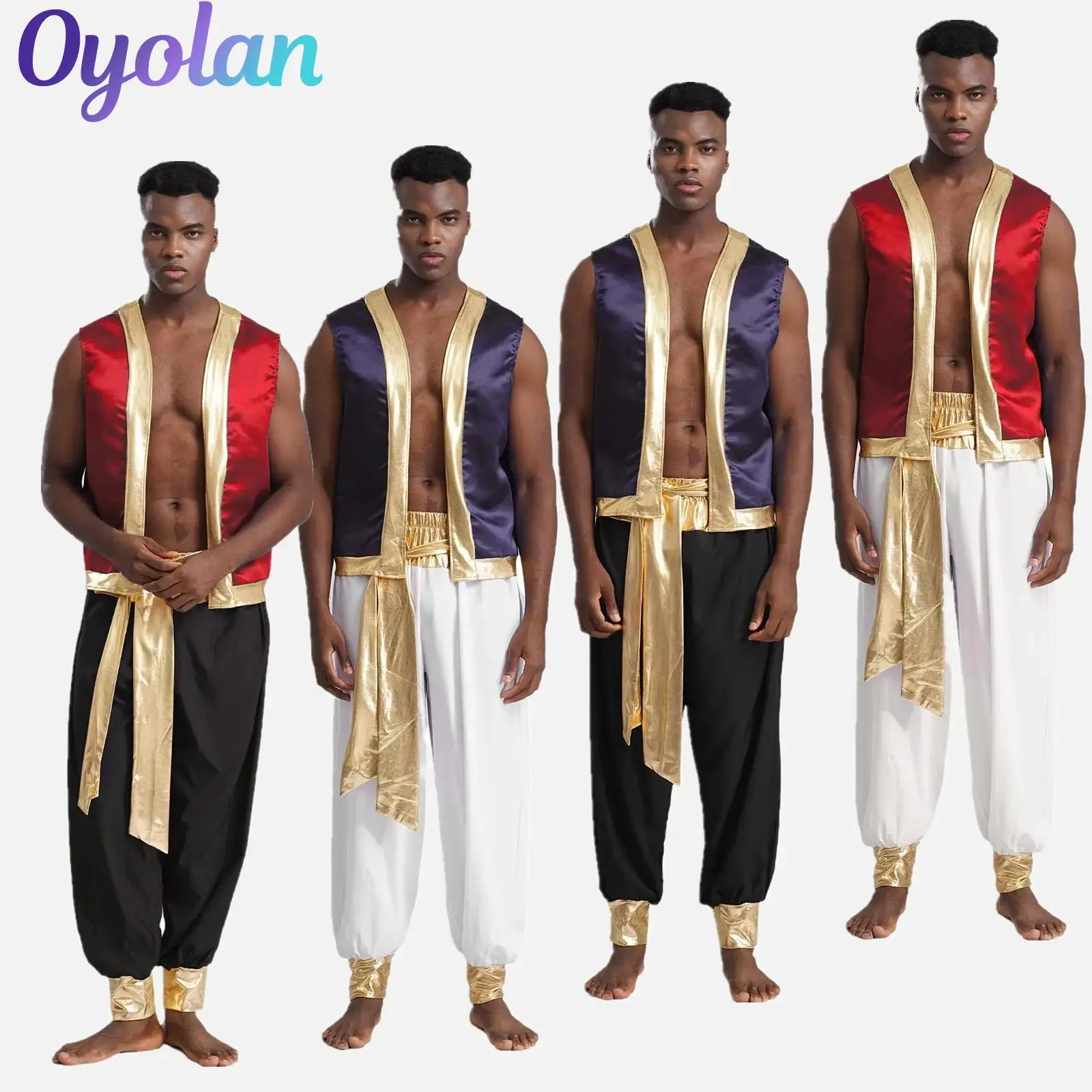 

Mens Arabian Prince Captain Cosplay Costume Metallic Shiny Trim Open Front Vest with Long Pants King Halloween Role Play Outfits