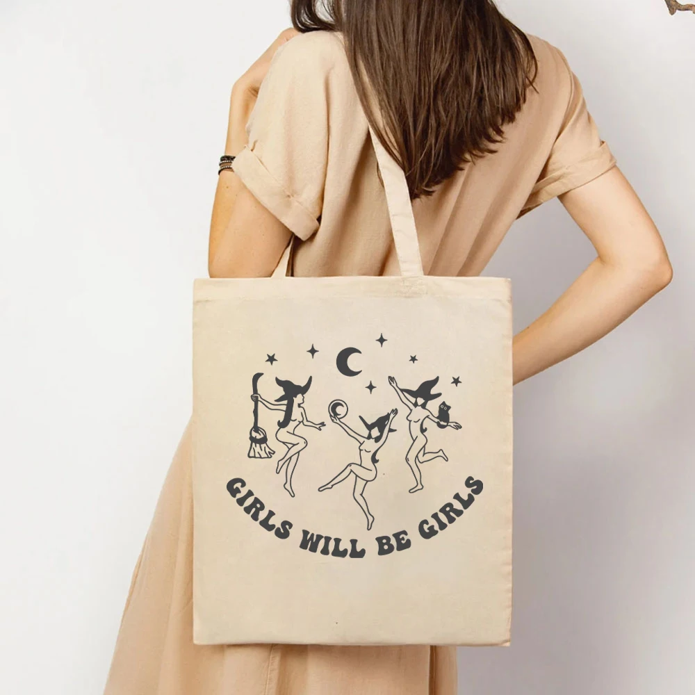 Comfort Colors Feminist Women's Handbags Girls Will Be Girls Tote Bag Witches Halloween Bags for Women's Salem Massachusetts Bag