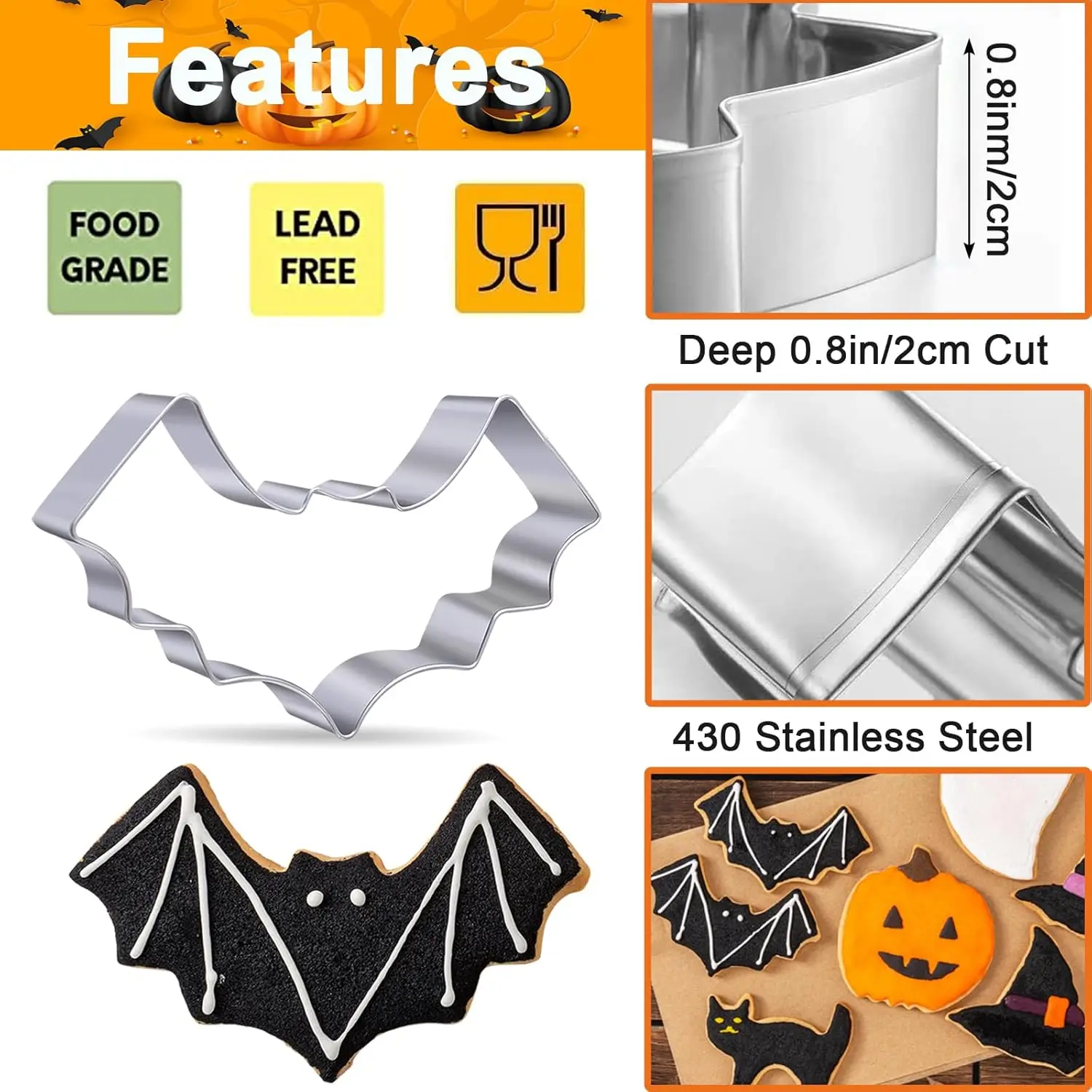 3-teiliges Halloween-Ausstechformen-Set aus lebensmittelechtem Edelstahl, Fledermaus-, Kürbis- und Geisterformen für Süßigkeiten, Obst, Pfannkuchen, Feiertags- und Heimbackwaren – Detail 12